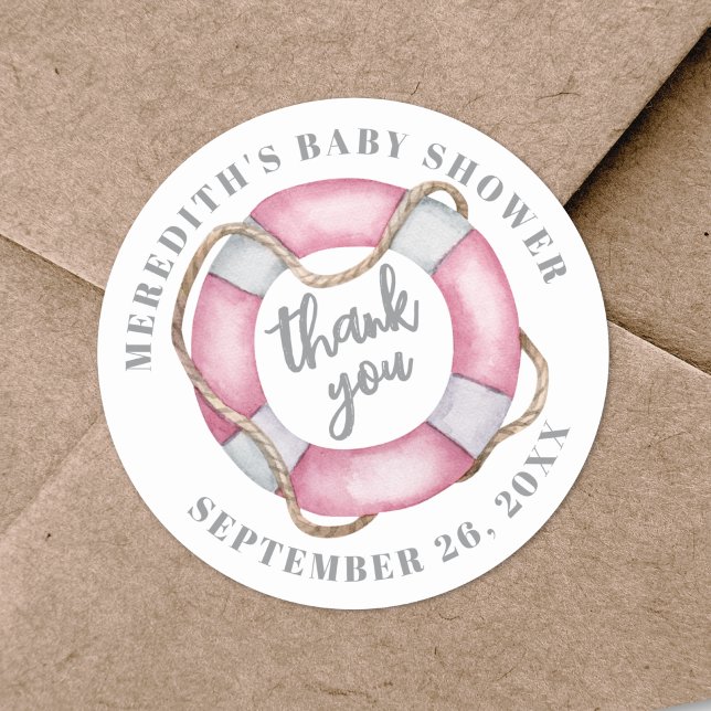 Adesivo Chá de Bebê Náutico Rosa (Pink Nautical Baby Shower Classic Round Sticker
)