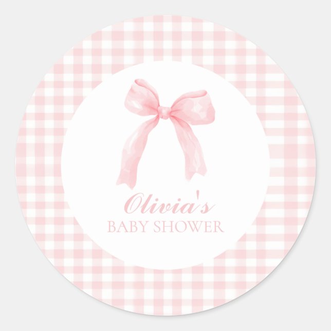 Adesivo Chá de bebê préppy com laço rosa e xadrez gingham (Frente)