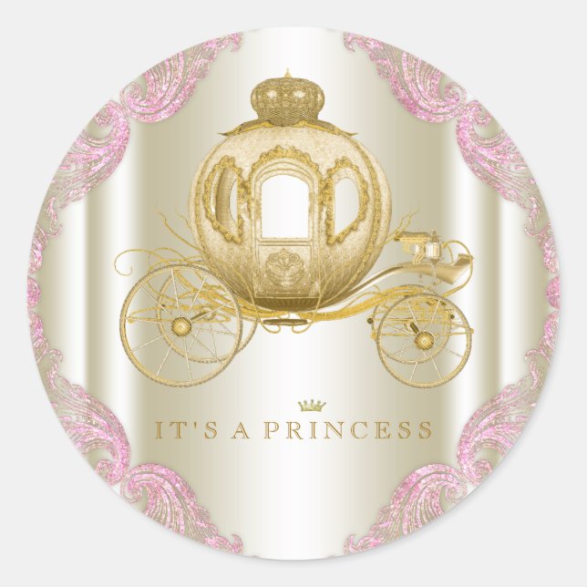 Adesivo Chá de Bebê Princesa em Carruagem Rosa e Dourada (Frente)