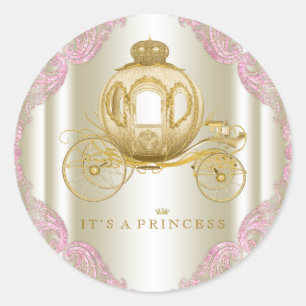 Adesivo Chá de Bebê Princesa em Carruagem Rosa e Dourada