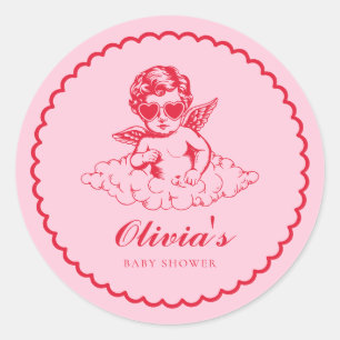 Adesivo Chá de Bebê Retrô de Querubim Rosa e Vermelho