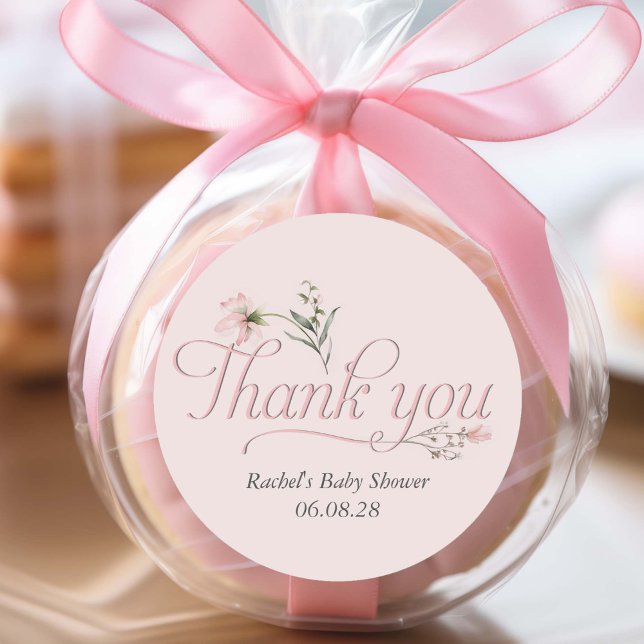 Adesivo Chá de Bebê Rosa Elegante obrigado de script Elega (Elegant Pink Wildflower, Baby Girl shower favor thank you stickers.)