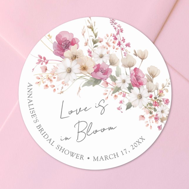 Adesivo Chá de Bebê Rosa Flor Silvestre (Pink Wildflower Bridal Shower Classic Round Sticker)