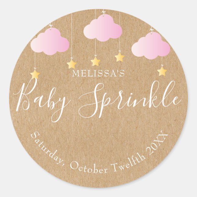 Adesivo Chá de bebê rosa rústico kraft brilho sprinkle (Frente)