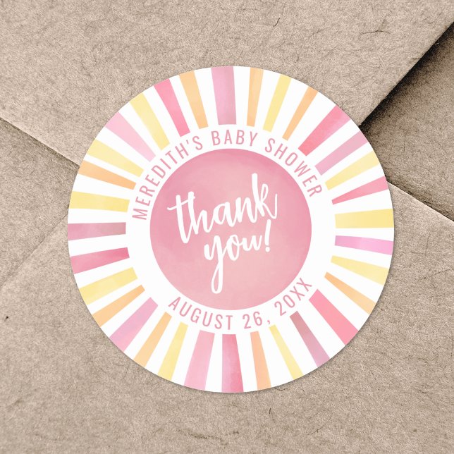 Adesivo Chá de Bebê Sol Rosa (Pink Sun Baby Shower Classic Round Sticker)