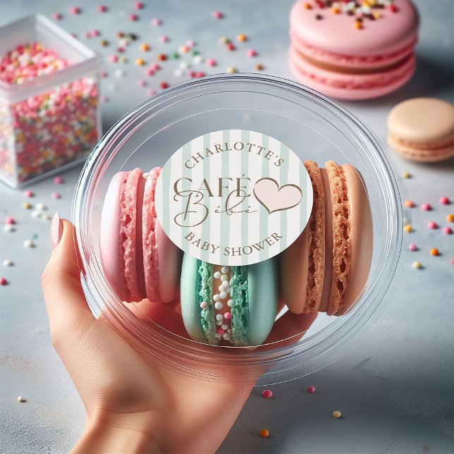 Adesivo Chá de Bebê Temático de Café Bébé com Listras de H (Café Bébé Mint Striped Coffee Themed Baby Shower Classic Round Sticker)