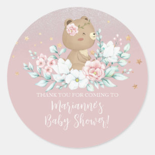 Adesivo Chá de Bebê Urso Floral Brilho Rosa Suave