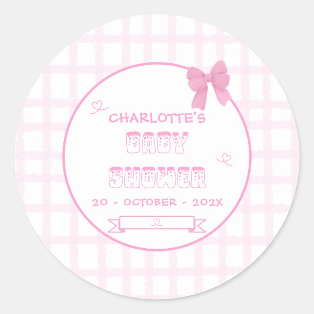 Adesivo Chá de Bebê Xadrez Rosa Pastel com Laço Fofo (Frente)