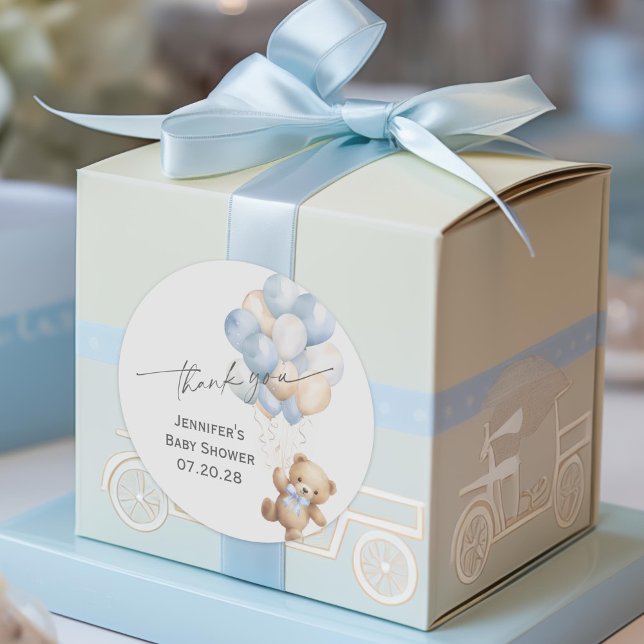 Adesivo Chá de Bebezinho, Esperança Azul, Obrigado (Blue Bearly wait, Modern baby Boy Shower Thank You Sticker.)