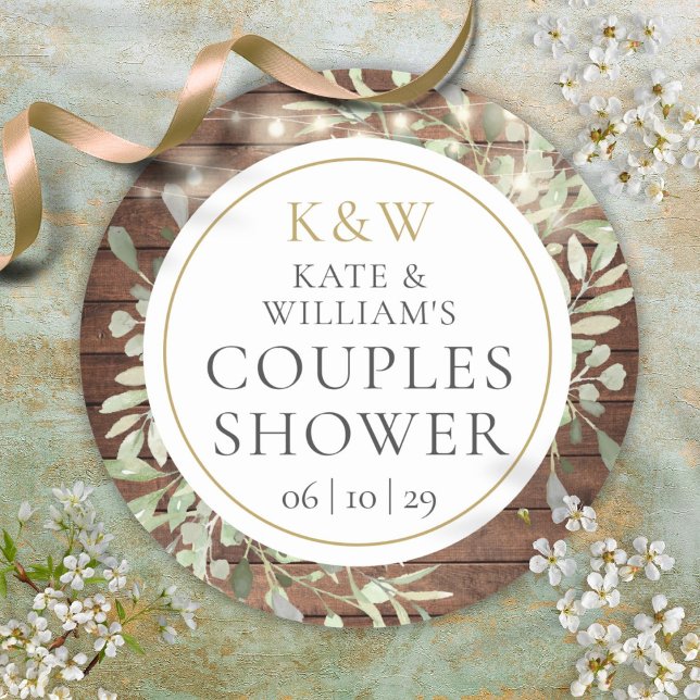Adesivo Chá de Casal com Monograma Rústico e Folhagens (Rustic Monogram Greenery Couples Wedding Shower Classic Round Sticker)