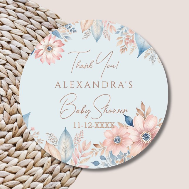 Adesivo Chá de fraldas Azul-Rosa-Floral-Chic Obrigado (Criador carregado)