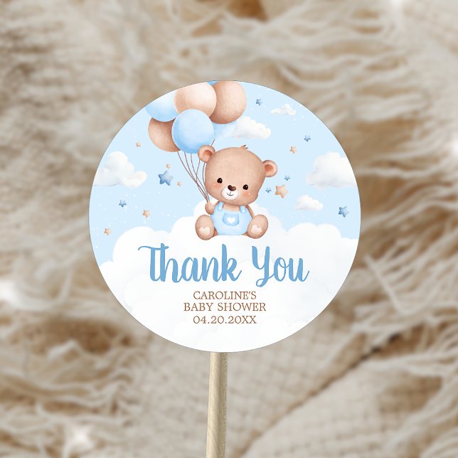 Adesivo Chá de fraldas Balão de Nuvens de Urso Azul (Blue Teddy Bear Clouds Balloon Baby Shower Sticker)