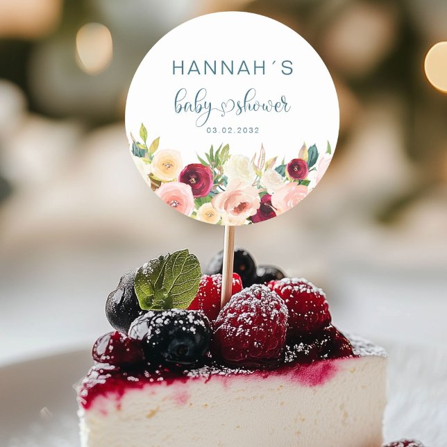 Adesivo Chá de fraldas Colorida Flores (Colorful Flowers, Baby Shower Classic Round Sticker with your name and date.)