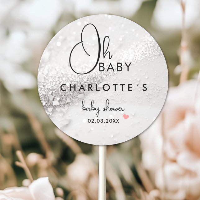 Adesivo Chá de fraldas com brilho (Glitter Baby Shower Classic Round Custom Sticker with your Name and Date.)