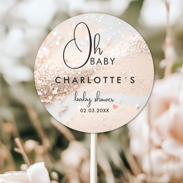Adesivo Chá de fraldas com brilho (Glitter Baby Shower Classic Round Custom Sticker with your Name and Date.)