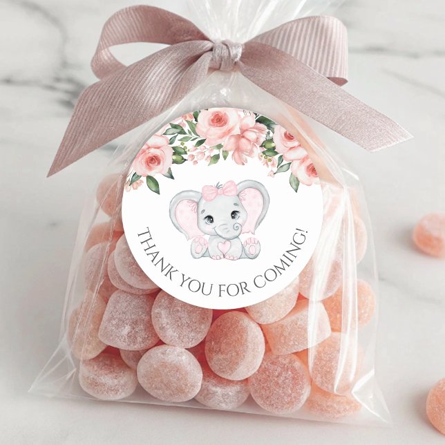 Adesivo Chá de fraldas Da Elefante Cutie Obrigado (Cutie Elephant Girl Baby Shower Thank You Classic Round Sticker)