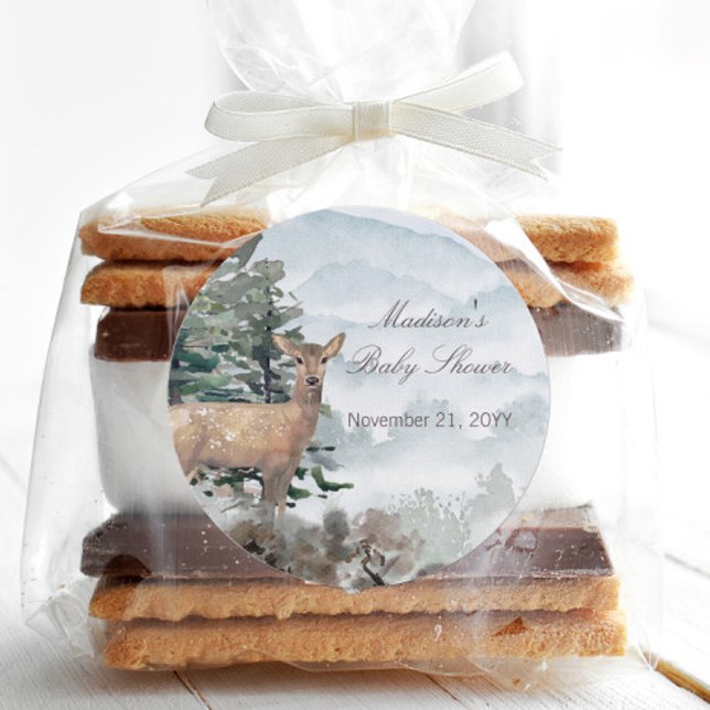 Adesivo Chá de fraldas da Floresta de Madeira de Aquarela (Watercolor Woodland Forest Doe Baby Shower Favor Sticker)