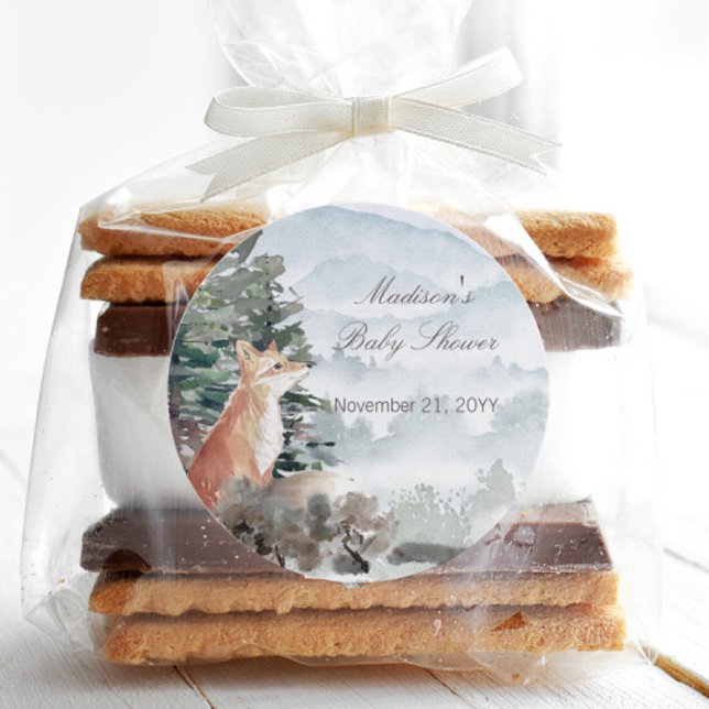 Adesivo Chá de fraldas da Floresta Florestal da Madeira (Watercolor Woodland Forest Fox Baby Shower Favor Sticker)