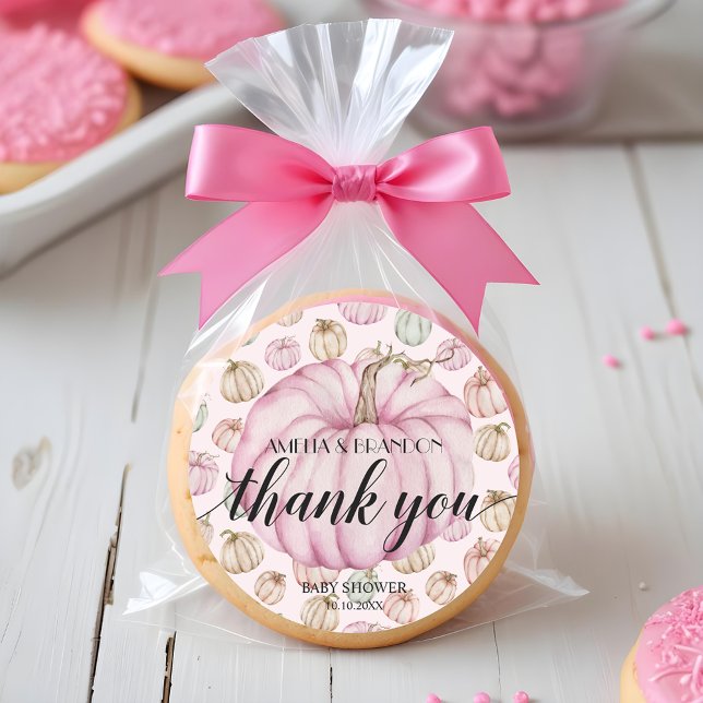 Adesivo Chá de fraldas De Abóbora Rosa, Obrigado (Pink pumpkin baby shower thank you 3 inch round stickers)