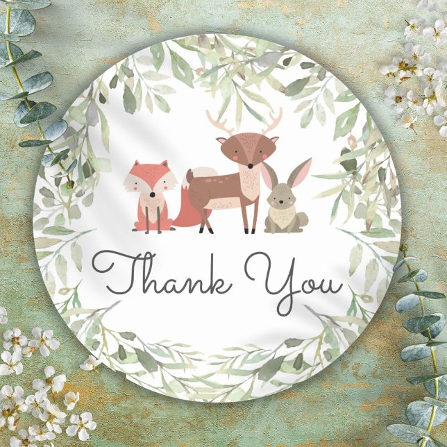 Adesivo Chá de fraldas De Animais Da Floresta Obrigado (Woodland Animals Baby Shower Thank You Classic Round Sticker)