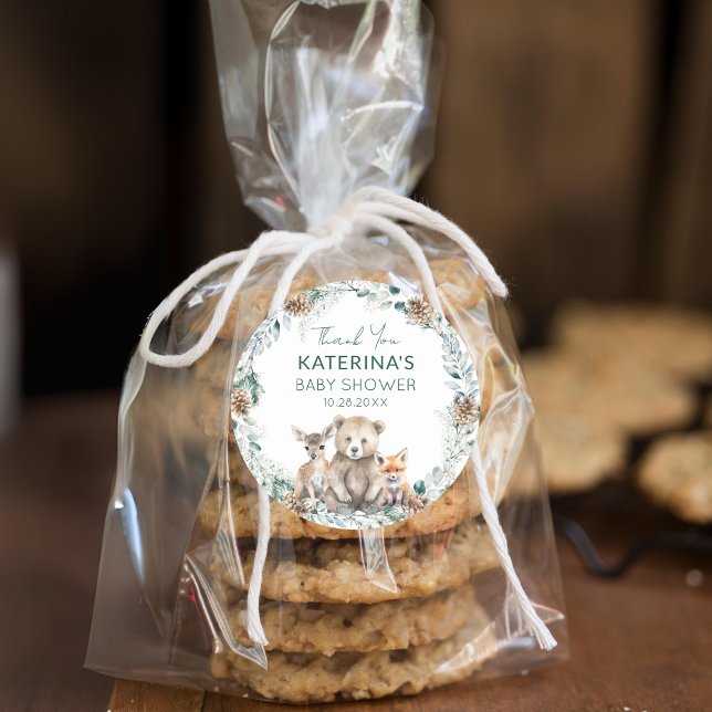Adesivo Chá de fraldas De Animais De Floresta Cura Obrigad (Add these cute woodland animal thank you stickers to baked goods for an easy baby shower favor.)