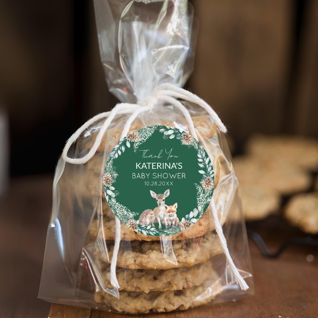 Adesivo Chá de fraldas De Animais De Floresta Cura Obrigad (Add these cute woodland animal thank you stickers to baked goods for an easy baby shower favor.)