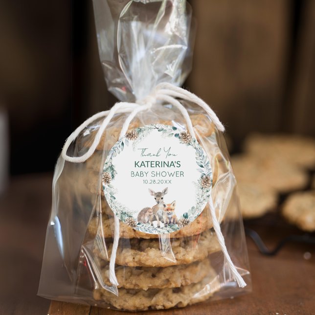 Adesivo Chá de fraldas De Animais De Floresta Cura Obrigad (Add these cute woodland animal thank you stickers to baked goods for an easy baby shower favor.)