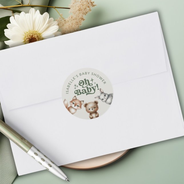 Adesivo Chá de fraldas de animais florestais (Woodland Forest Animals Baby Shower Classic Round Sticker)