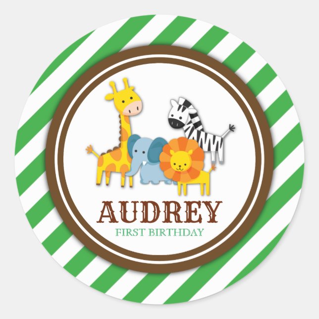 Adesivo Chá de fraldas de Aniversário do Zoo Safari Selgle (Frente)