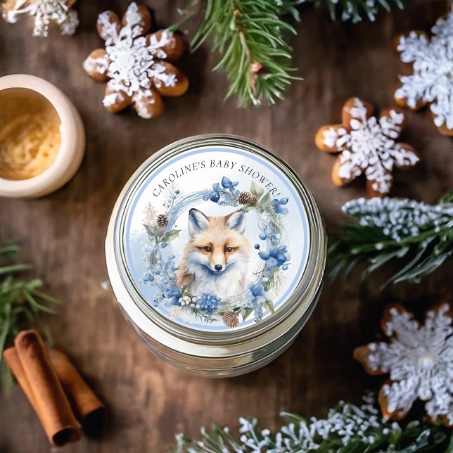 Adesivo Chá de fraldas de Aquarela da Fox de inverno (Winter Fox Watercolor Baby Shower Classic Round Sticker)