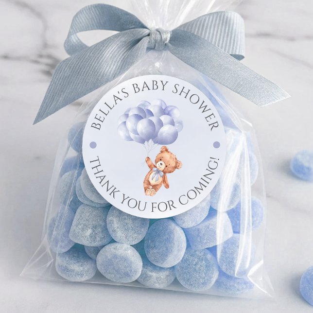 Adesivo Chá de fraldas de Aquarela de Azul-Urso Teddy (Teddy Bear Blue Balloon Watercolor Boy Baby Shower Classic Round Sticker)