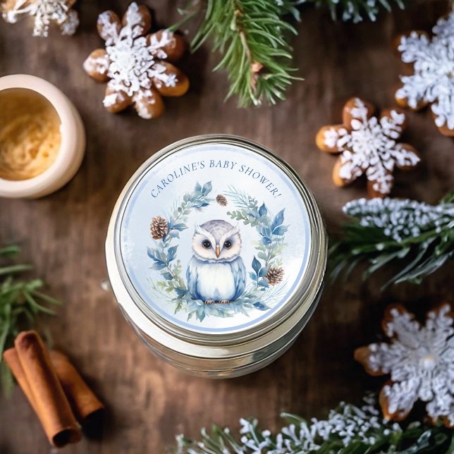 Adesivo Chá de fraldas de Aquarela de Inverno (Winter Owl Watercolor Baby Shower Classic Round Sticker)