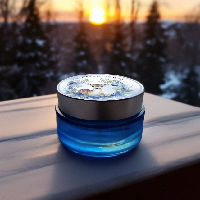 Adesivo Chá de fraldas de Aquarela de Veado Inverno (Winter Deer Watercolor Baby Shower Classic Round Sticker)