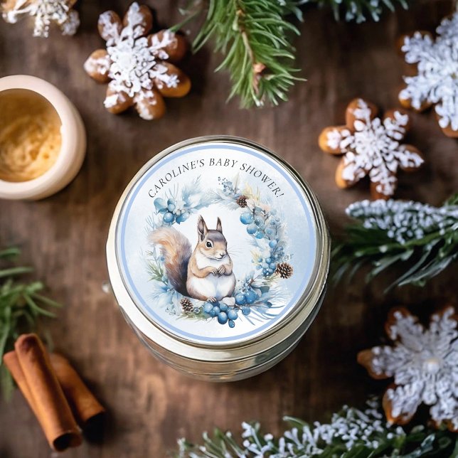 Adesivo Chá de fraldas de Aquarela do Esquilo Inverno (Winter Squirrel Watercolor Baby Shower Classic Round Sticker)