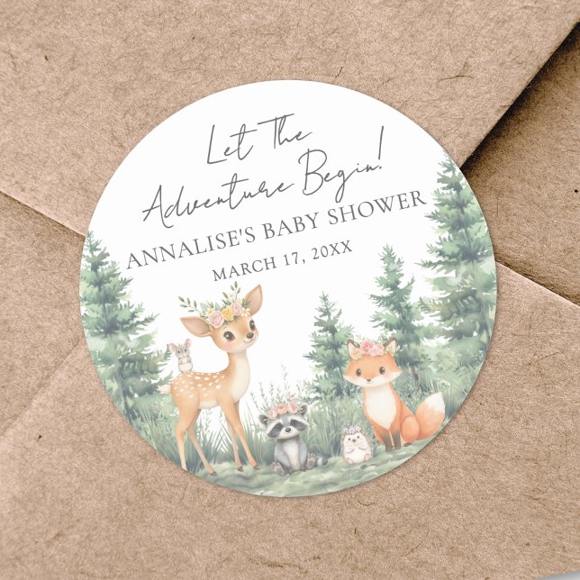 Adesivo Chá de fraldas de Aventura de Animais da Floresta  (Woodland Forest Animals Adventure Baby Shower Classic Round Sticker)