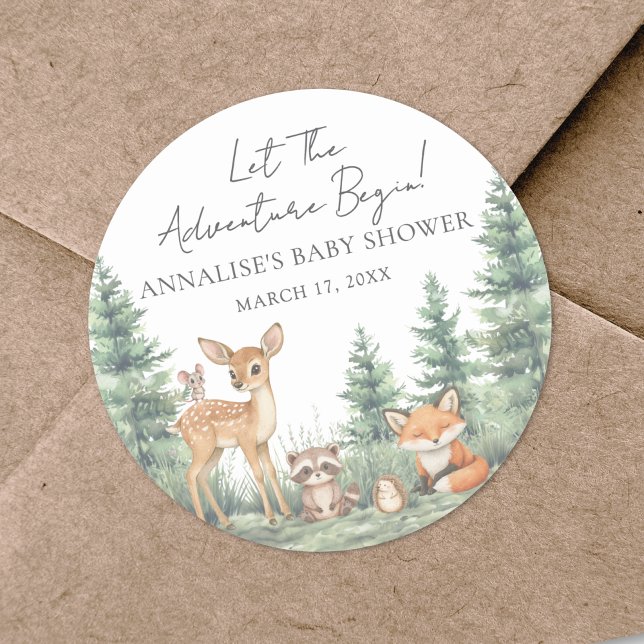 Adesivo Chá de fraldas de Aventura de Animais da Floresta  (Woodland Forest Animals Adventure Baby Shower Classic Round Sticker )