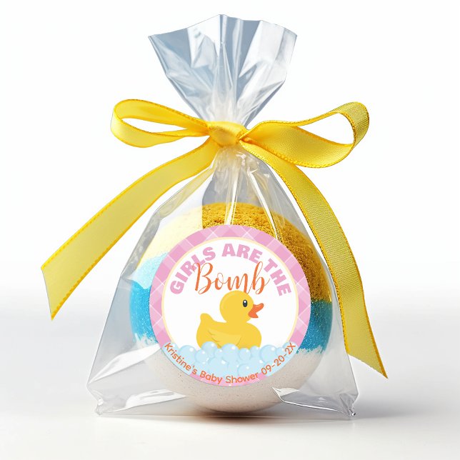 Adesivo Chá de fraldas de Bath-Bomba de Borracha de Borrac (Bath Bomb Baby Shower Rubber Duck Favor Tag - It's A Girl)