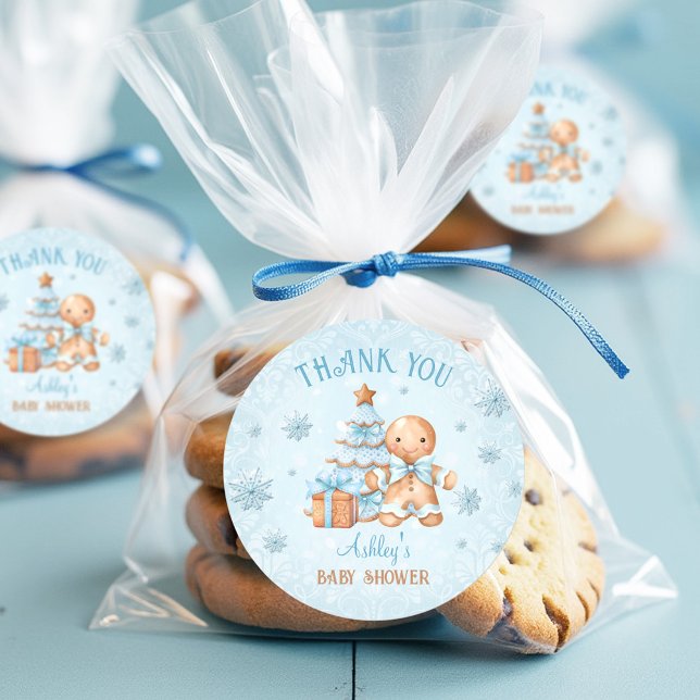 Adesivo Chá de fraldas de Blue Christmas Boy do Gingerbird (Gingerbread Man Blue Christmas Boy Baby Shower Classic Round Sticker)