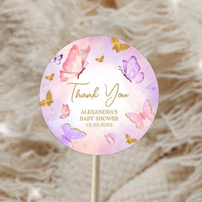 Adesivo Chá de fraldas de borboleta Dourada rosa (Pink Gold Purple Butterfly Baby Shower Sticker)