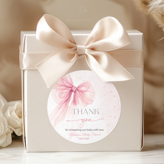 Adesivo Chá de fraldas de coquete rosa arco (A delicate Bow Pink Coquette baby shower collection featuring soft pink bows, elegant details, and c)