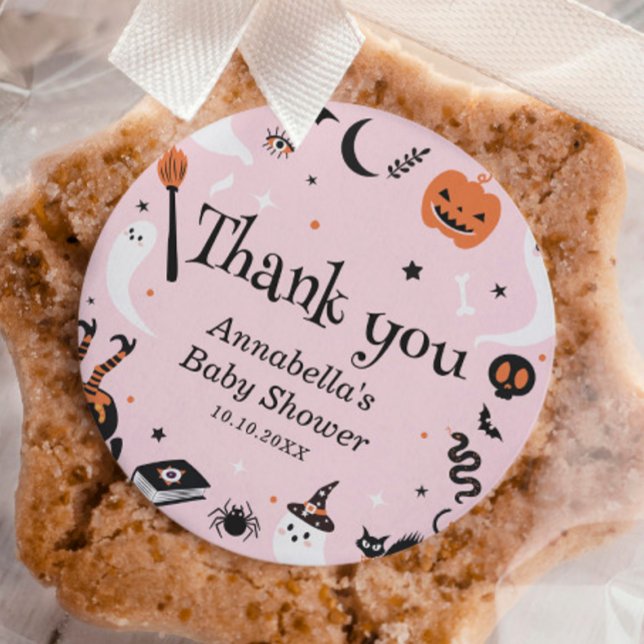 Adesivo Chá de fraldas de Dia das Bruxas Rosa, Obrigado (Criador carregado)