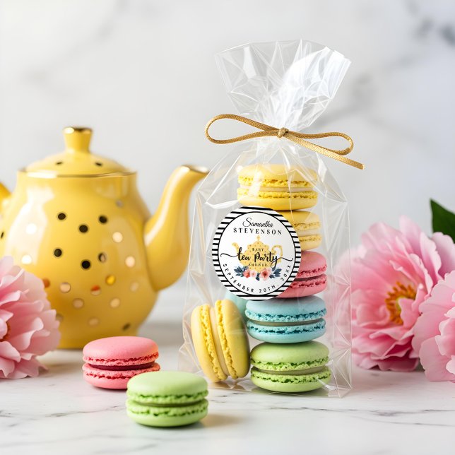 Adesivo Chá de fraldas de distribuição de chá com fôlego f (Yellow Floral Tea Party Teapot Stripe Baby Shower Classic Round Sticker)