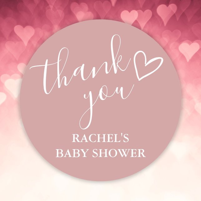 Adesivo Chá de fraldas de  Dusty Rosa Girl - Obrigado (Dusty Rose Girl Baby Shower Script Heart Thank You Classic Round Sticker)