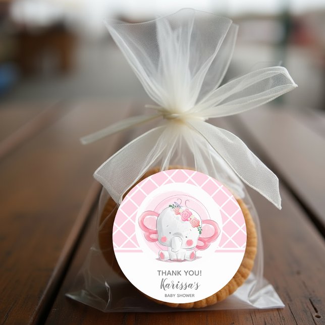 Adesivo Chá de fraldas de Elefante Rosa (Pink Elephant Girl Baby Shower Sticker)