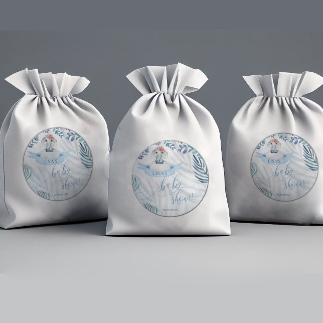 Adesivo Chá de fraldas de Elefante Verde Azul-Cura Verde (Cute Blue Watercolor Greenery Elephant Baby Shower Classic Round Sticker)