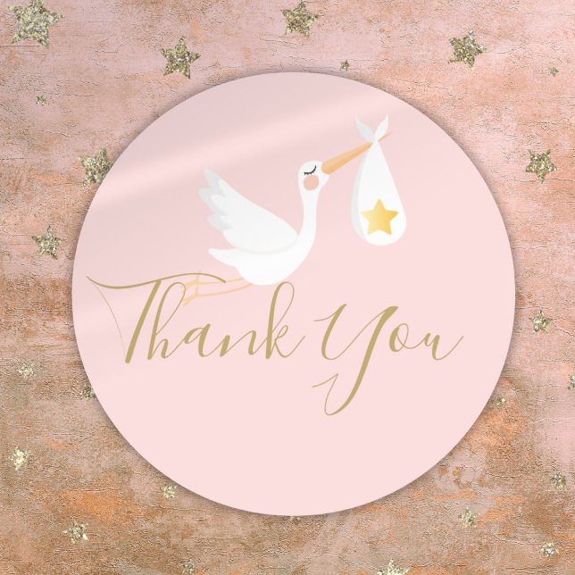 Adesivo Chá de fraldas de Entrega Especial Obrigado Rosa (Special Delivery Stork Baby Shower Thank You Pink Classic Round Sticker)