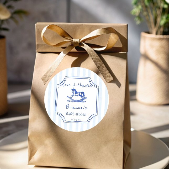 Adesivo Chá de fraldas de esboço azul de cavalo (Blue rocking horse handrawn sketch vintage baby shower favor sticker personalized favor stickers)