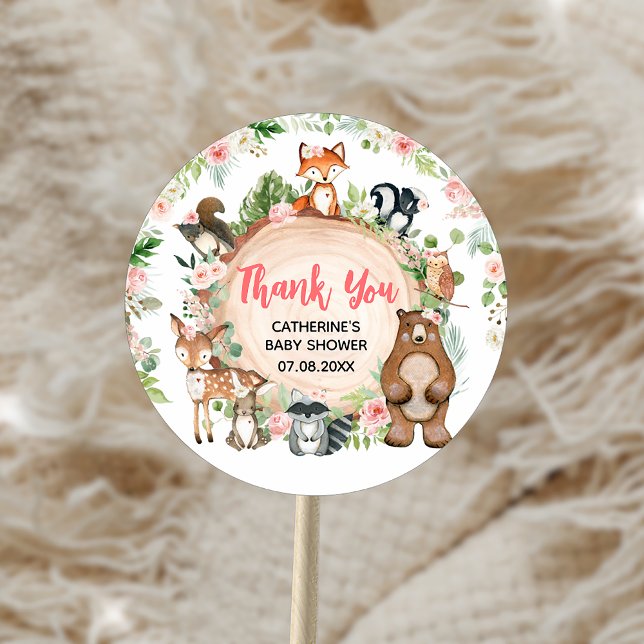 Adesivo Chá de fraldas De Fatia De Madeira Floral (Woodland Animals Floral Wood Slice Baby Shower Sticker)