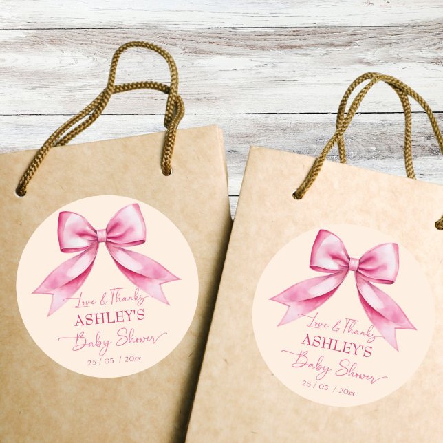 Adesivo Chá de fraldas de fita cor-de-rosa obrigado bonito (Pink bow ribbon baby shower cute thank you favor sticker baby shower favors cute bow girly)