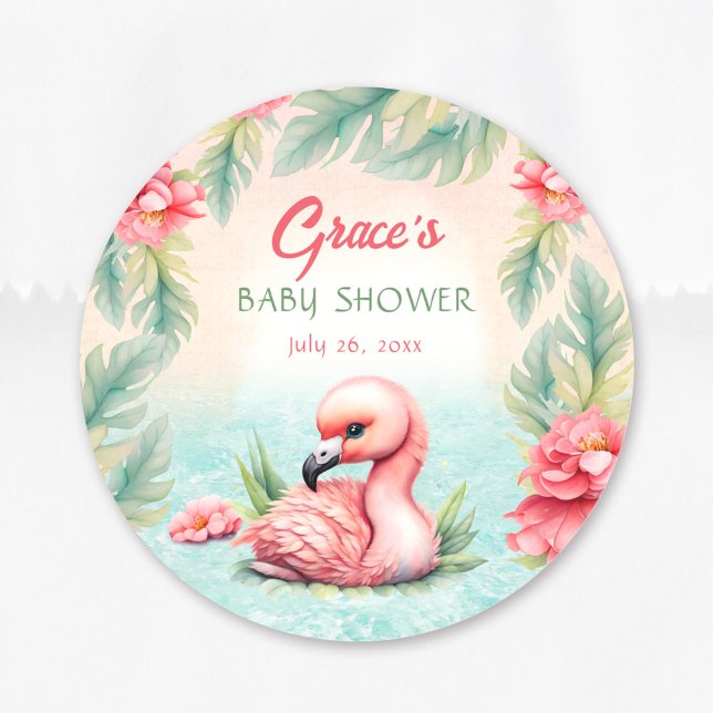 Adesivo Chá de fraldas de Flamingo, Rosa Tropical de Verão (Tropical Summer Pink Flamingo Girl Baby Shower Classic Round Sticker)